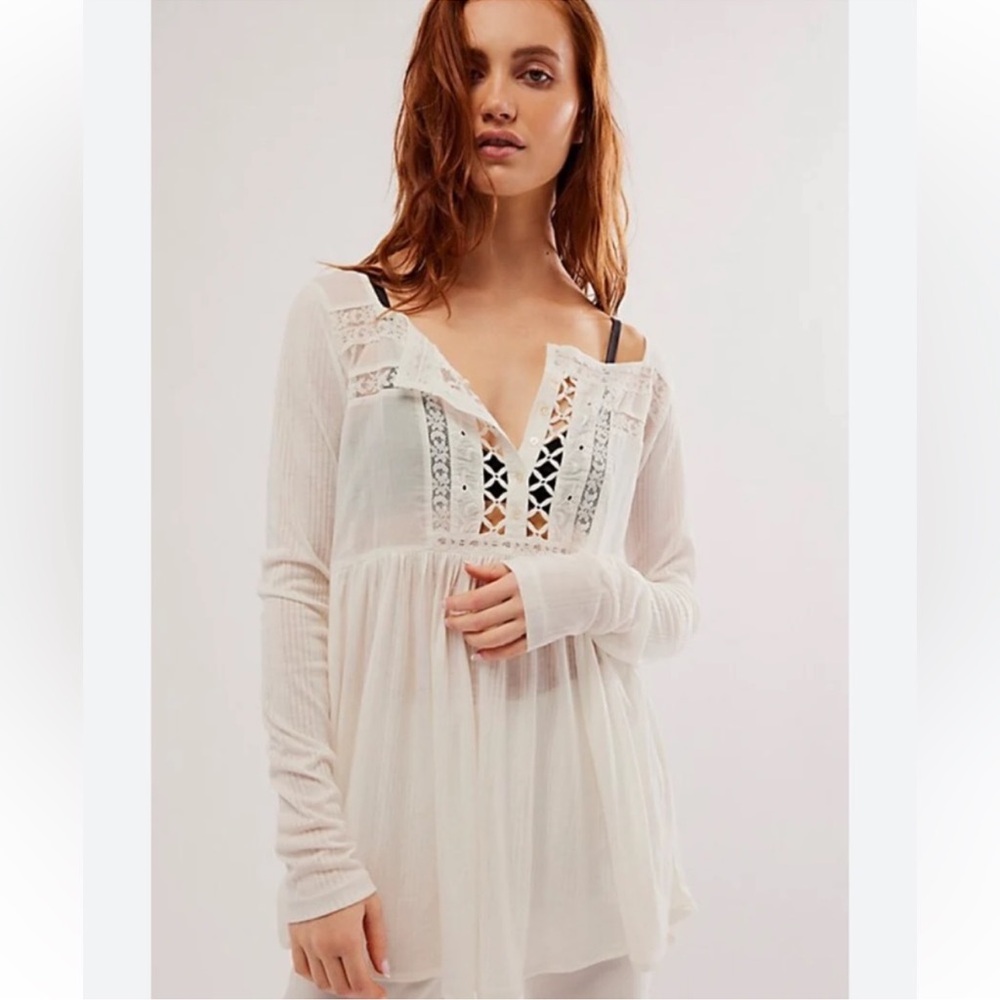 Free People Pretty Please White Lace Crochet Henley Tunic
